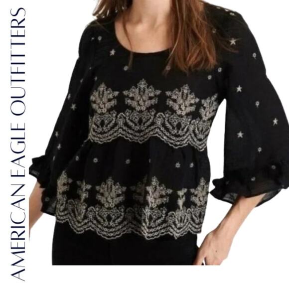 AMERICAN EAGLE OUTFITTERS Black & Ivory Peasant Top, XS - Picture 1 of 13